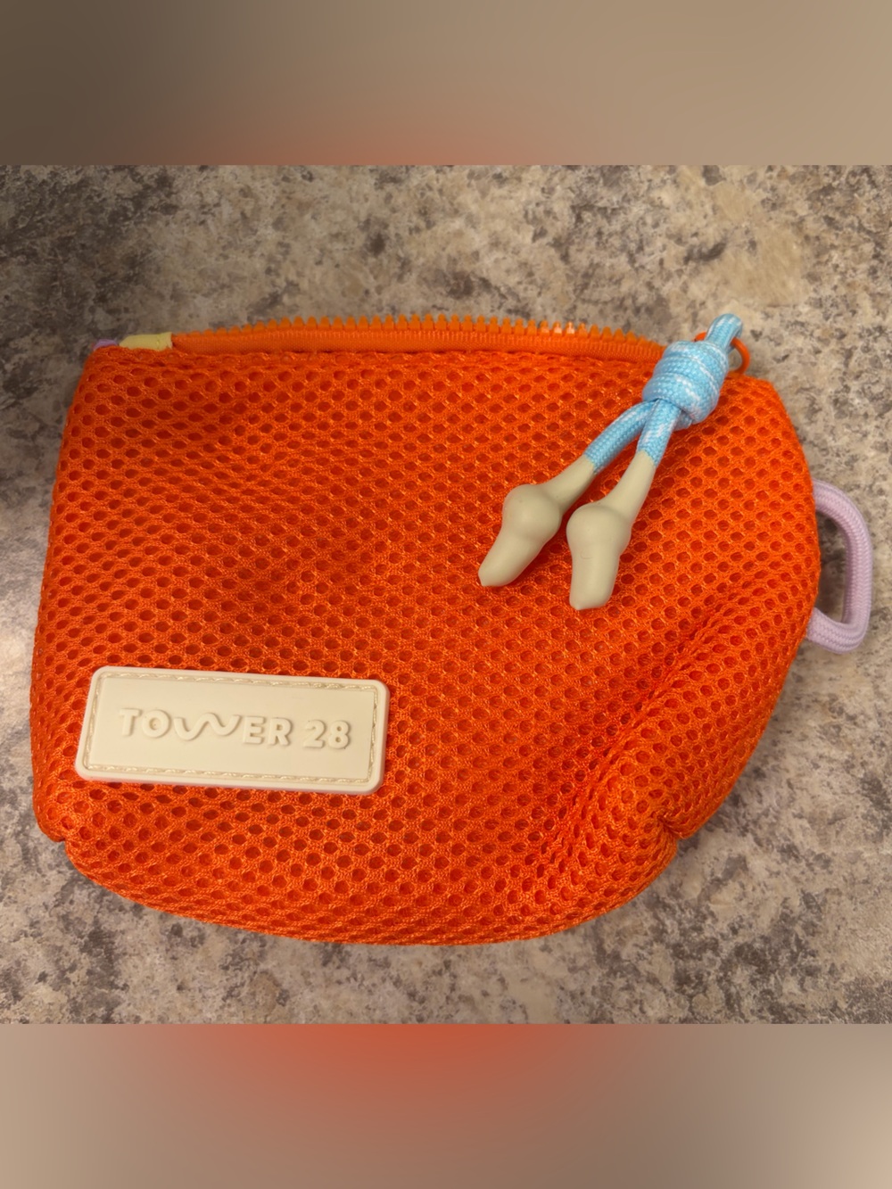 Tower 28 Orange Mesh Cosmetic Pouch with Light Blue Cord